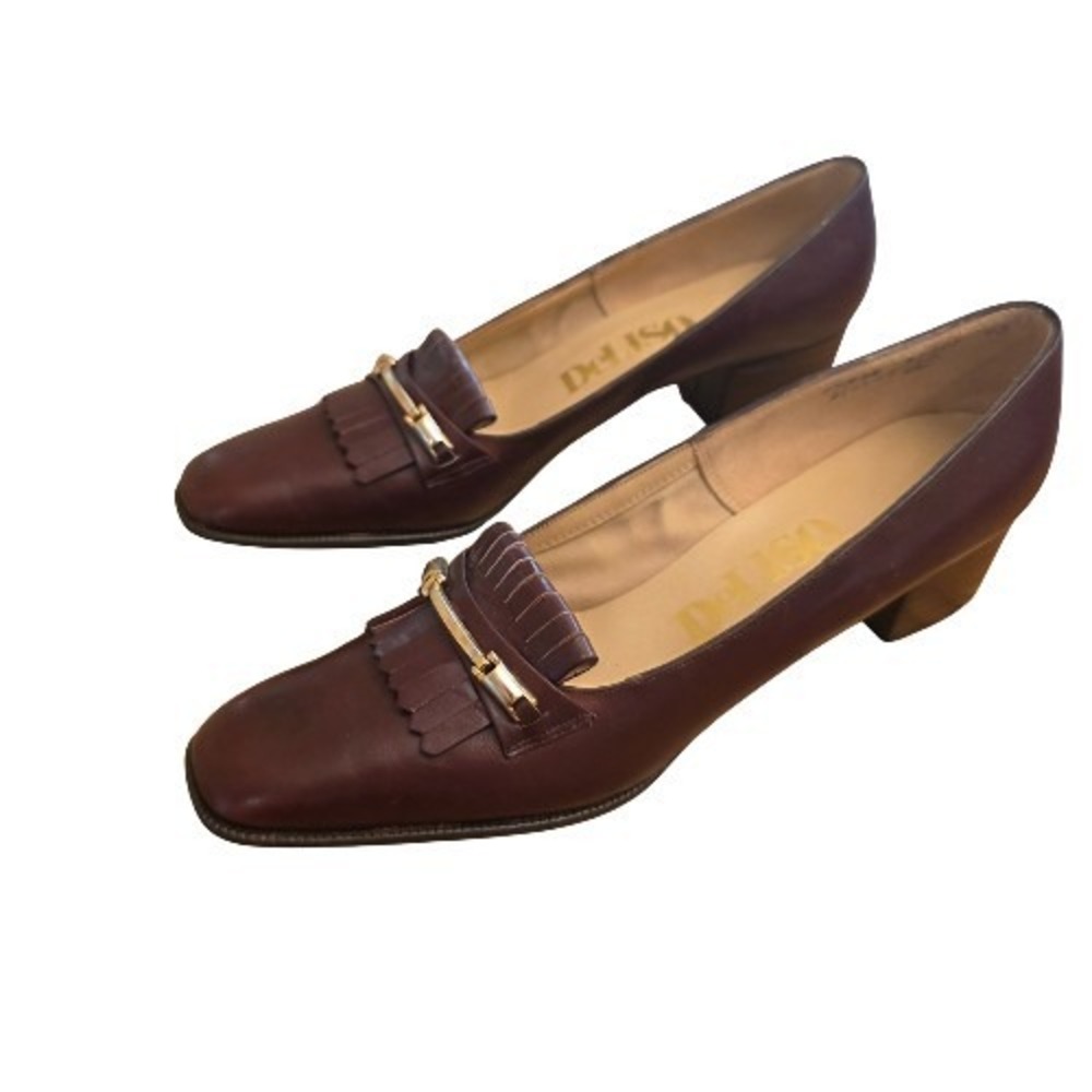 Vintage De Liso Womens 9.5AAA Brown Leather Stacked Heel Pump Shoes Fringe Gold‎